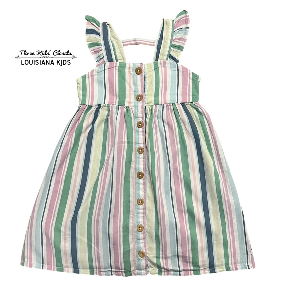 RuffleButts 5Y Charmed Stripe Flutter Button Frony Dress